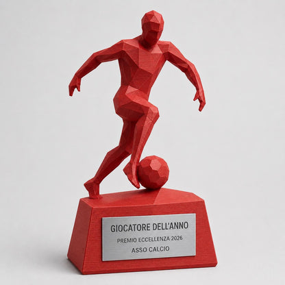Trofeo Calcio Personalizzato Stampa 3D Rosso, Premio Giocatore dell'Anno in Stile Geometrico Low-Poly, Targa Acciaio Incisa a Laser