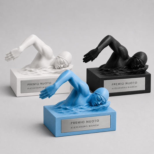Trofeo Nuoto Personalizzato Stampa 3D Azzurro, Premio Nuotatore Stile Libero Gara e Nuoto Sincronizzato, Targa Acciaio Incisa a Laser