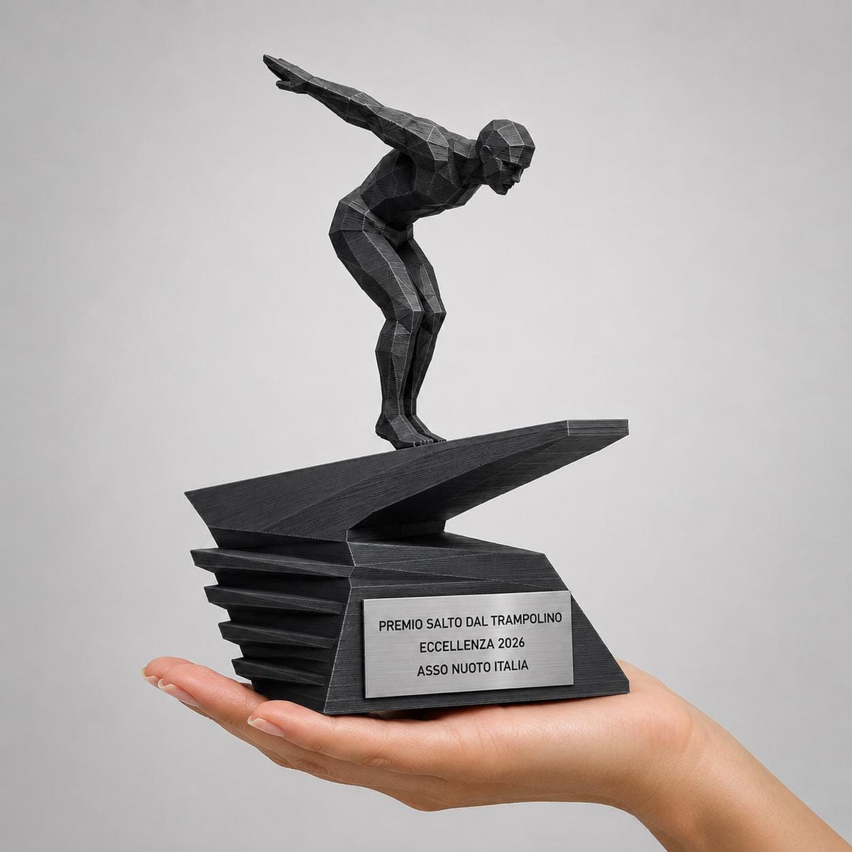 Trofeo Tuffi e Salto dal Trampolino Stampa 3D, Premio Nuoto e Tuffatori in Stile Geometrico Low-Poly, Targa Acciaio Incisa a Laser