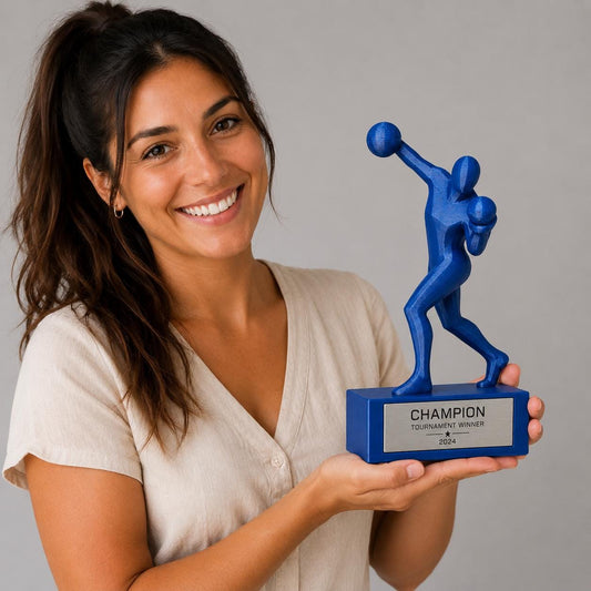 Trofeo Boxe Personalizzato Stampa 3D Blu, Premio Pugilato e Campione Torneo in Stile Geometrico Low-Poly, Targa Acciaio Incisa a Laser