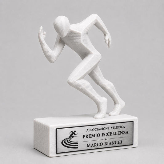 Trofeo Atletica Personalizzato Stampa 3D Bianco, Premio Corsa e Podismo in Stame Geometrico Low-Poly, Targa Acciaio Incisa a Laser Gara