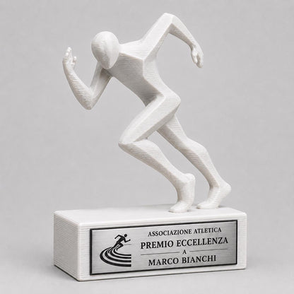 Trofeo Atletica Personalizzato Stampa 3D Bianco, Premio Corsa e Podismo in Stame Geometrico Low-Poly, Targa Acciaio Incisa a Laser Gara