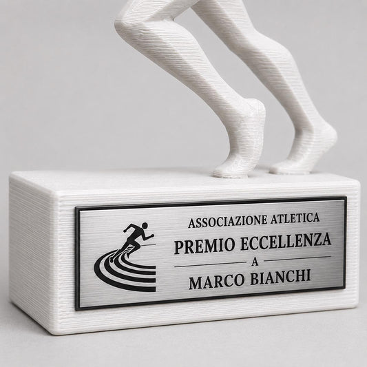 Trofeo Atletica Personalizzato Stampa 3D Bianco, Premio Corsa e Podismo in Stame Geometrico Low-Poly, Targa Acciaio Incisa a Laser Gara