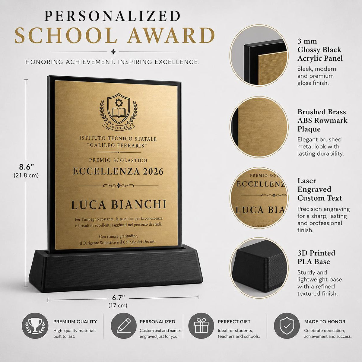 Targa Premio Personalizzata Eccellenza 2026 in abs ottone e Base PLA | Regalo Laurea, Riconoscimento Scolastico e Aziendale Artigianale