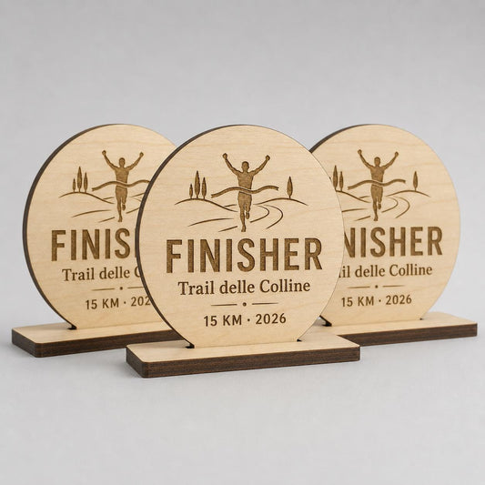 Trofeo Finisher Legno Personalizzato Gara Sportiva Corsa Trail | Premio Maratona e Ciclismo Ecologico, Targa Podismo Incisa Laser