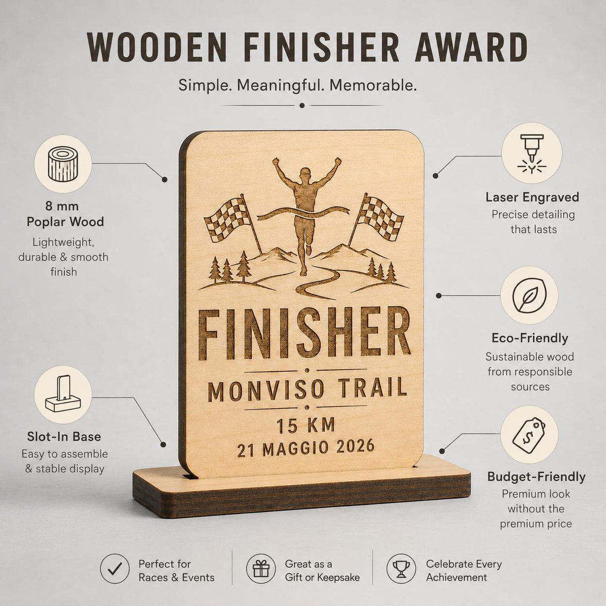 Trofeo Finisher rettangolare Legno Personalizzato Gara Sportiva Corsa Trail | Premio Maratona Ciclismo Ecologico, Targa Podismo Incisa Laser