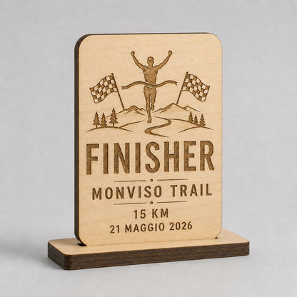 Trofeo Finisher rettangolare Legno Personalizzato Gara Sportiva Corsa Trail | Premio Maratona Ciclismo Ecologico, Targa Podismo Incisa Laser