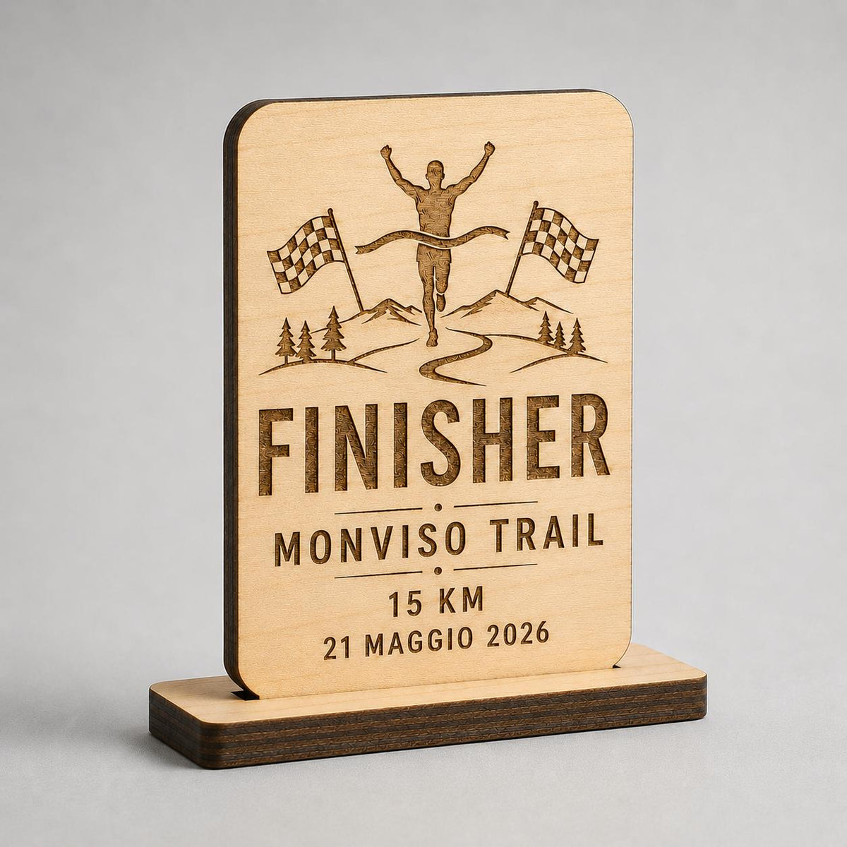 Trofeo Finisher rettangolare Legno Personalizzato Gara Sportiva Corsa Trail | Premio Maratona Ciclismo Ecologico, Targa Podismo Incisa Laser