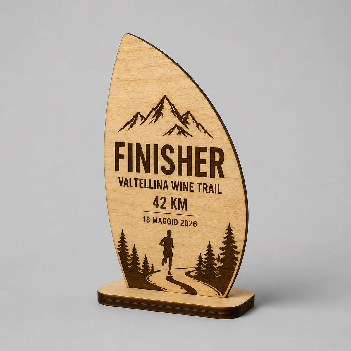 Trofeo Finisher onda Legno Personalizzato Gara Sportiva Corsa Trail | Premio Maratona budget Ecologico, Targa economica Incisa Laser