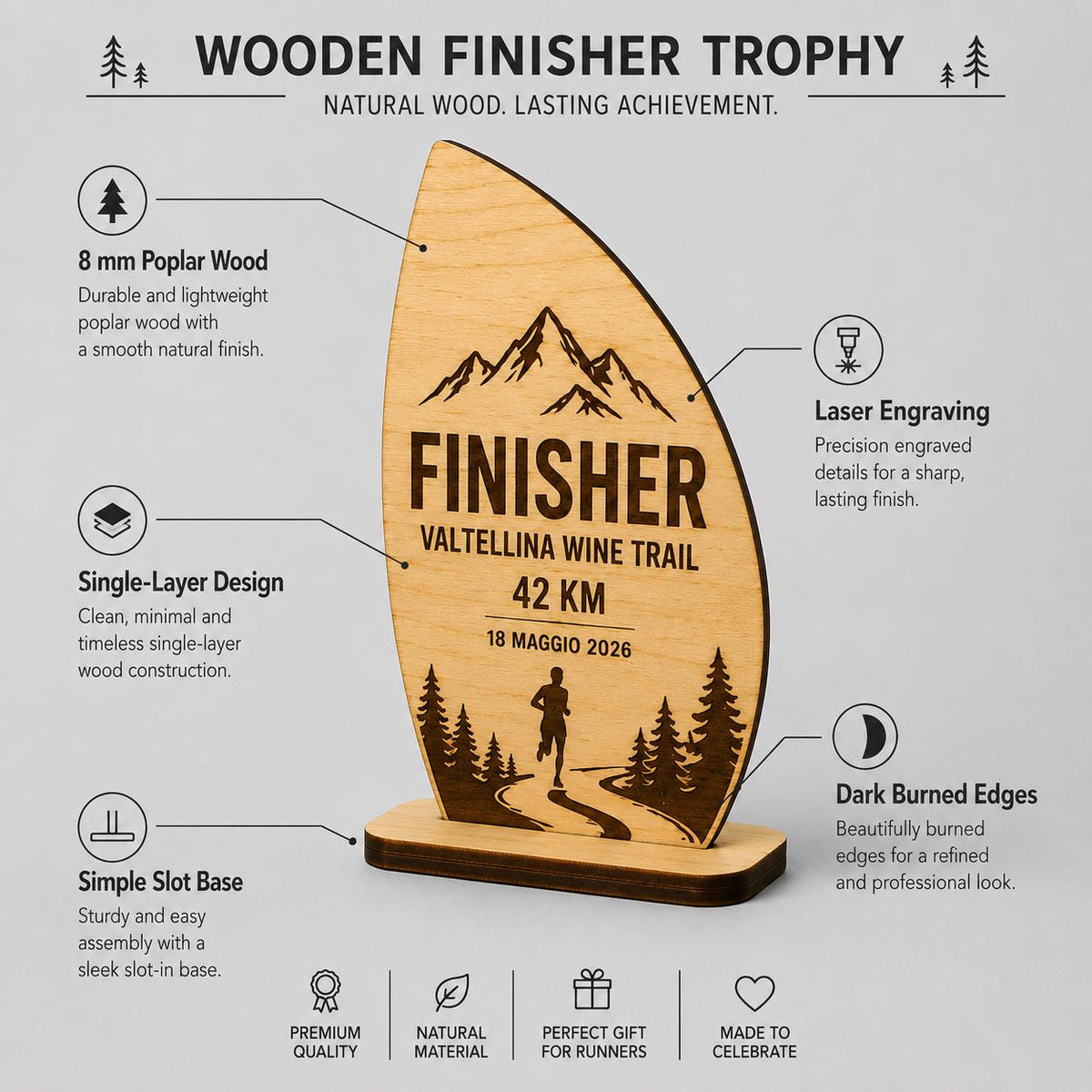 Trofeo Finisher onda Legno Personalizzato Gara Sportiva Corsa Trail | Premio Maratona budget Ecologico, Targa economica Incisa Laser