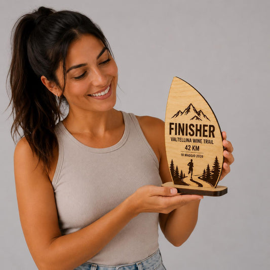 Trofeo Finisher onda Legno Personalizzato Gara Sportiva Corsa Trail | Premio Maratona budget Ecologico, Targa economica Incisa Laser