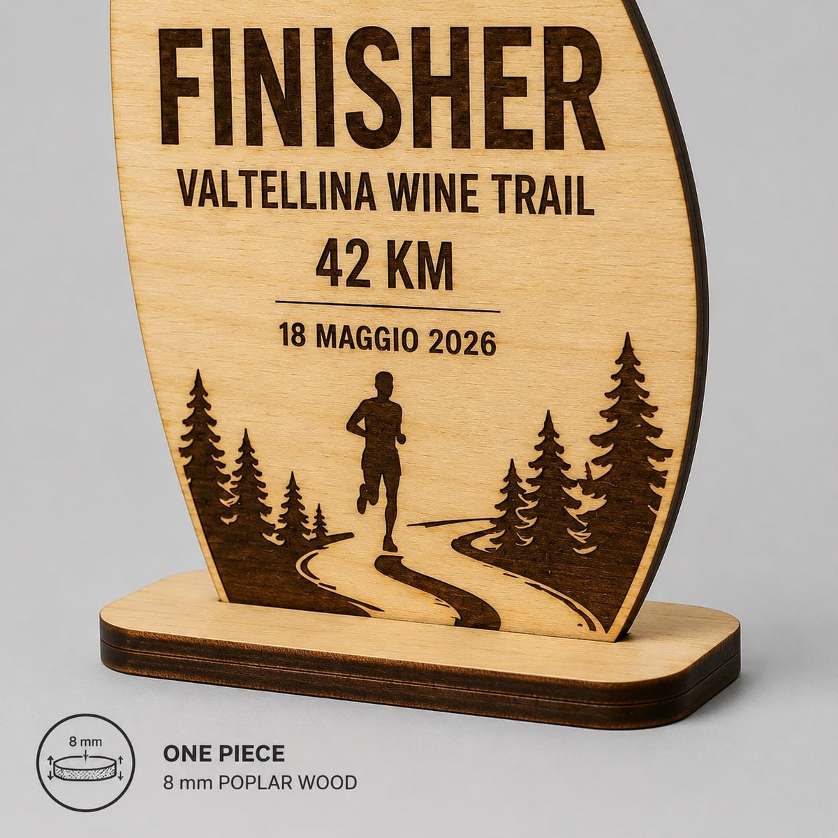 Trofeo Finisher onda Legno Personalizzato Gara Sportiva Corsa Trail | Premio Maratona budget Ecologico, Targa economica Incisa Laser