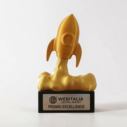 Trofeo Aziendale "Razzo" in Stampa 3D - Premio Business Personalizzato con Base in Legno - Riconoscimento Anniversario e Successi