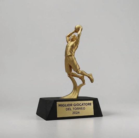 Trofeo Basket Personalizzato 3D - Statuetta MVP Schiacciata Dorata - Premio Miglior Giocatore Torneo - Regalo Sportivo Moderno