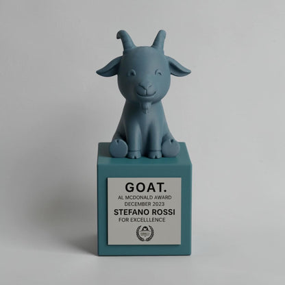 Trofeo G.O.A.T in pla - Premio GREATEST of all TIME - Regalo Simpatico per amici Cucina - Statuetta Capra mvp most valuable player