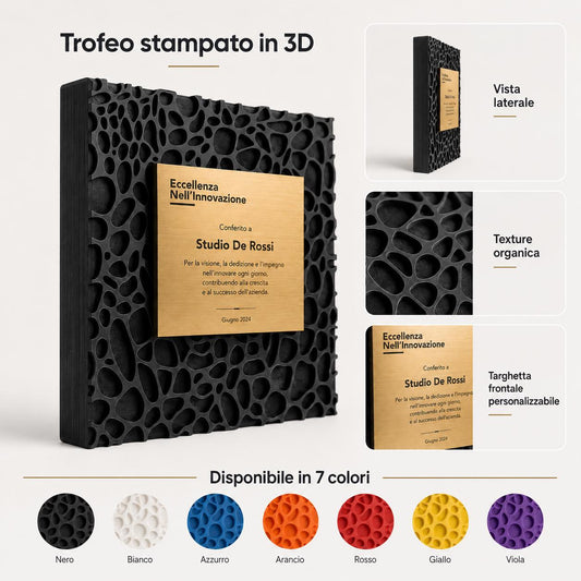 Targa premio di Design Parametrico Personalizzabile – Scultura Voronoi in PLA Nero Opaco e Targa in Metallo Spazzolato – Premio Eccellenza