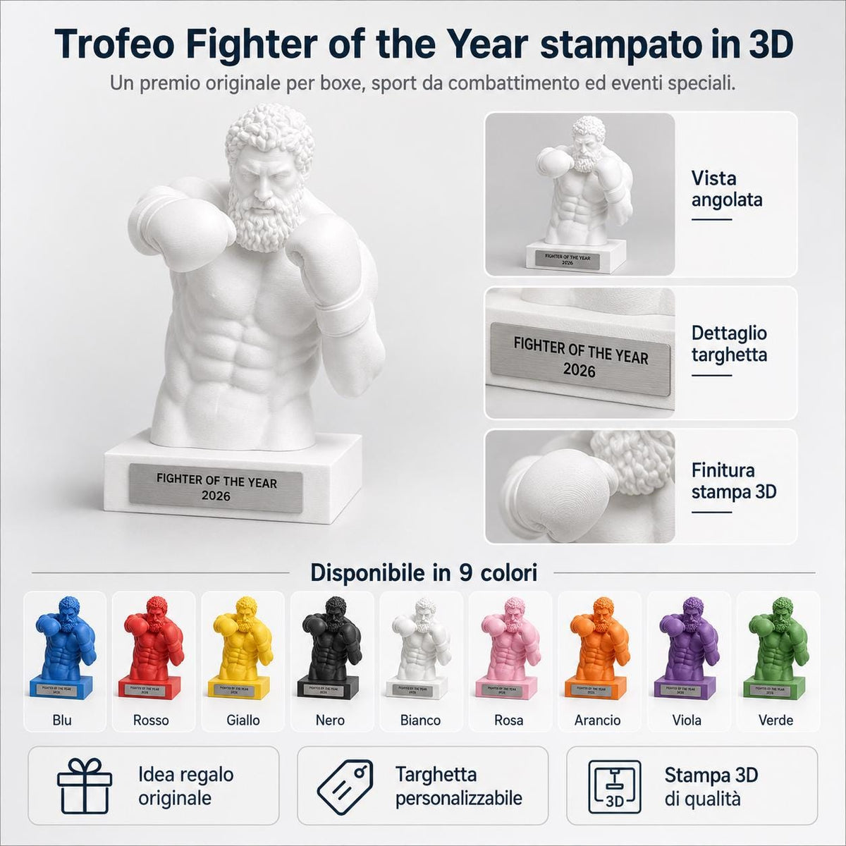 Trofeo Boxe Personalizzato - Statua Fighter of the Year 2026 - Premio Pugilato Stampa 3D in PLA