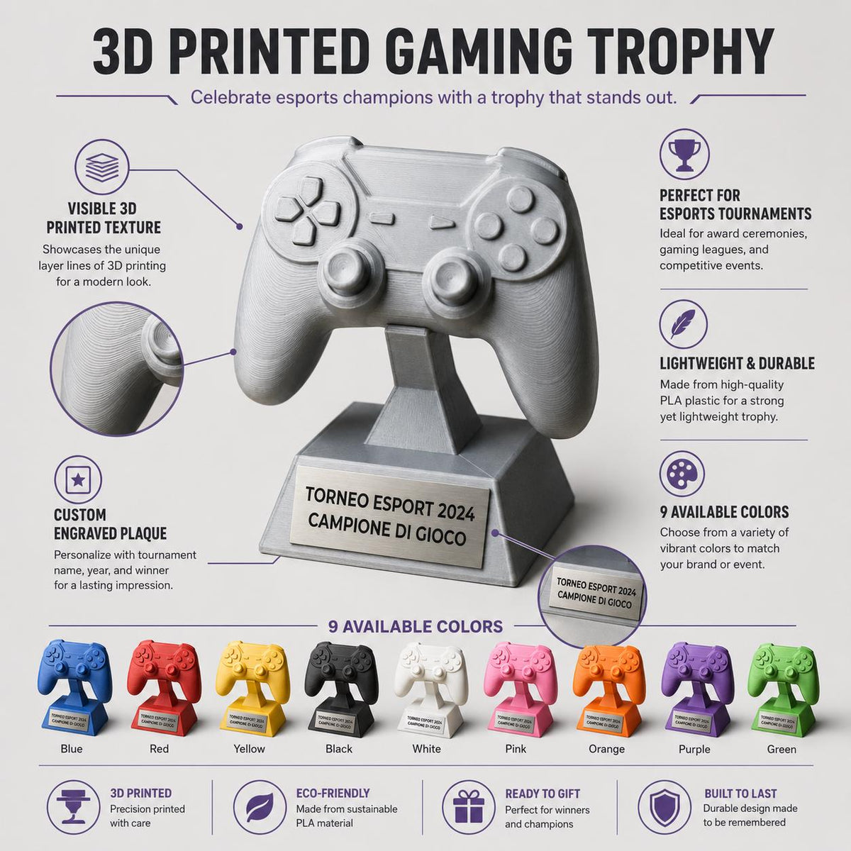 Trofeo Controller Gaming Personalizzato - Premio eSports Stampa 3D - Statuetta Joystick per Tornei Videogiochi - Regalo Gamer Originale