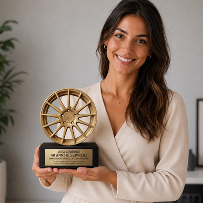 Trofeo Automotive Personalizzato in Stampa 3D | Premio Aziendale con Cerchio Auto e Targa Incisa | Idea Regalo Anniversario Lavoro