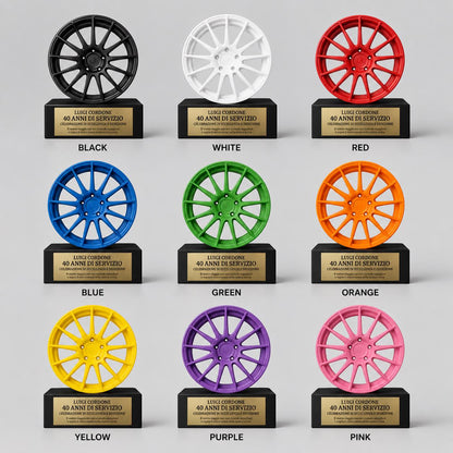 Trofeo Automotive Personalizzato in Stampa 3D | Premio Aziendale con Cerchio Auto e Targa Incisa | Idea Regalo Anniversario Lavoro
