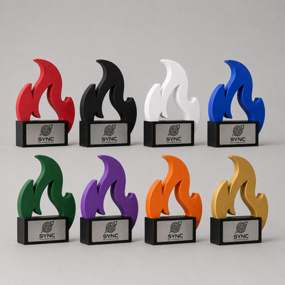 Trofeo Aziendale Personalizzato "Fiamma" in Stampa 3D - Premio Business con Base in Legno Incisa - Riconoscimento Moderno per Leadership