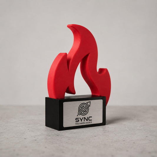 Trofeo Aziendale Personalizzato "Fiamma" in Stampa 3D - Premio Business con Base in Legno Incisa - Riconoscimento Moderno per Leadership