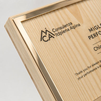 Trofeo in legno quadrato oro rosa ecosostenibile , premio quadrato personalizzato abbinato a cornice flessibile in ottone, targa green