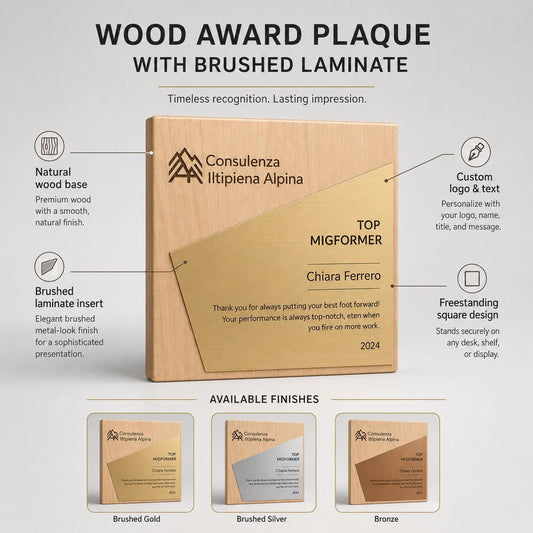 Trofeo in legno quadrato oro ecosostenibile , premio quadrato personalizzato abbinato a cornice flessibile in ottone, targa green