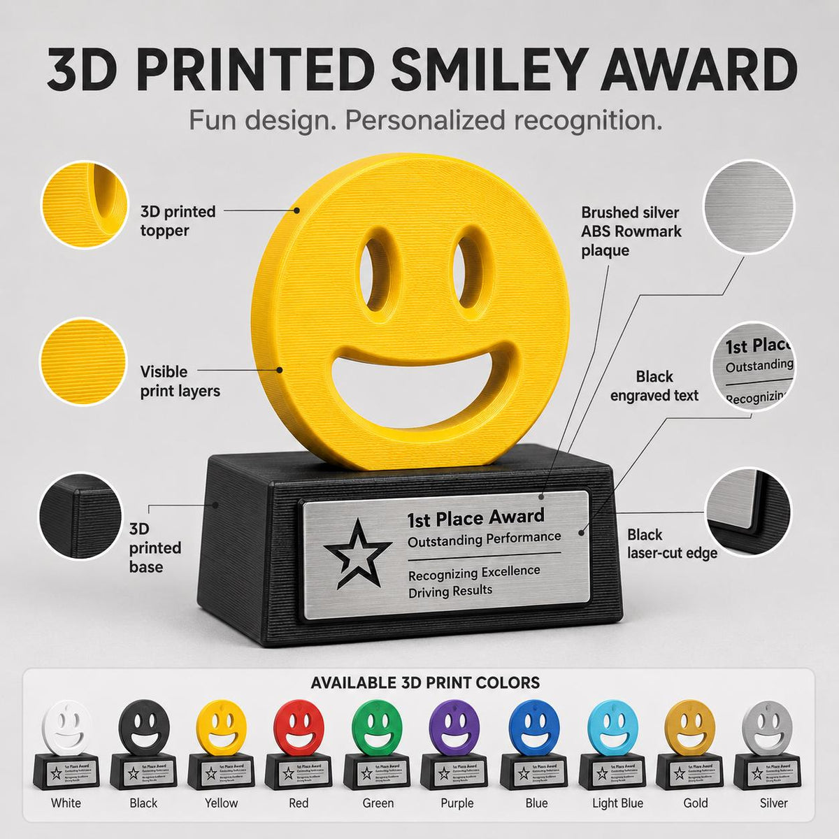 Trofeo Smile Personalizzato in Stampa 3D, Premio Podio 1 2 3 Posto, Faccina Sorridente Colorata, Riconoscimento Aziendale e Risorse Umane