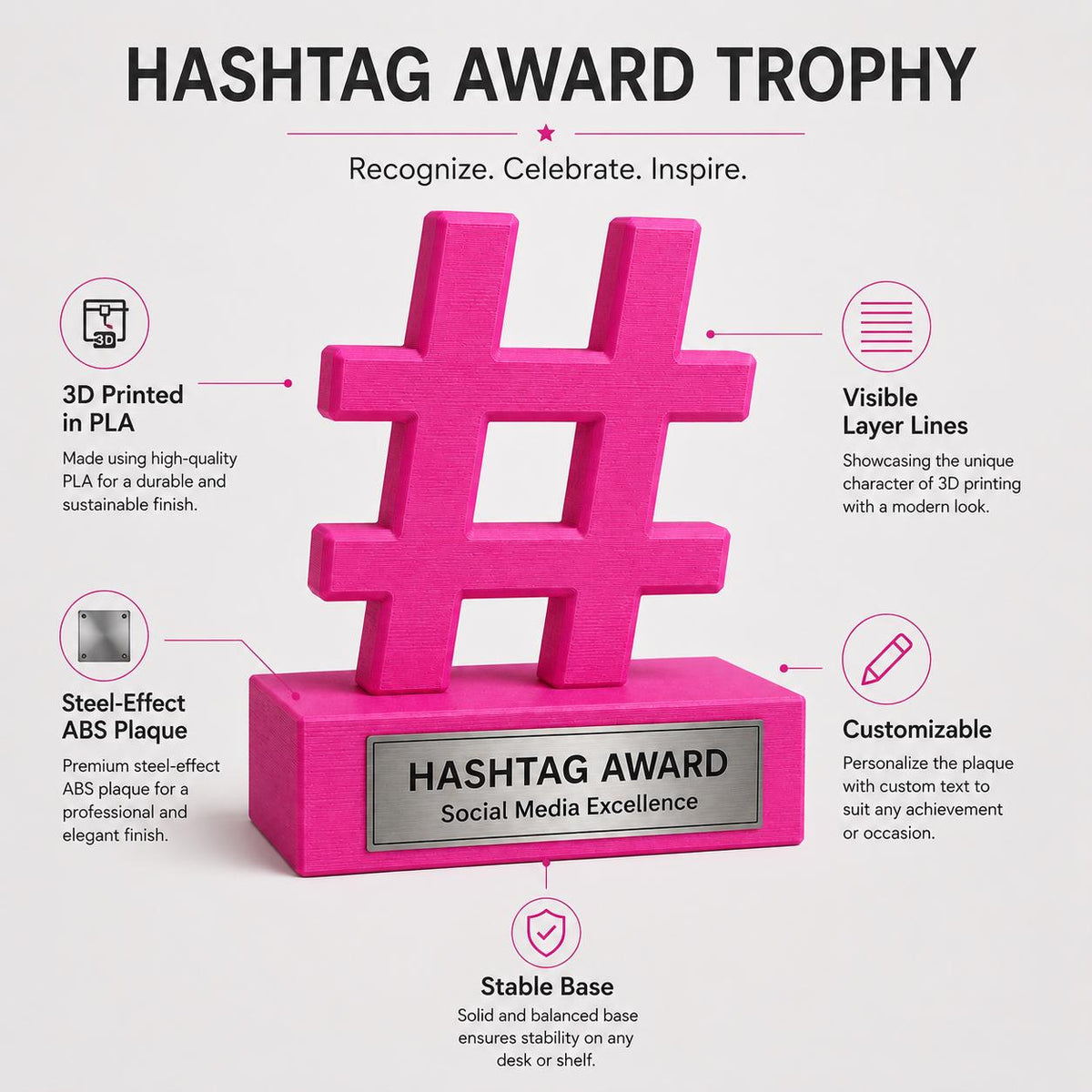 Trofeo Hashtag personalizzato in stampa 3D, premio social media, award creator trofeo influencer, targa ABS effetto acciaio regalo aziendale