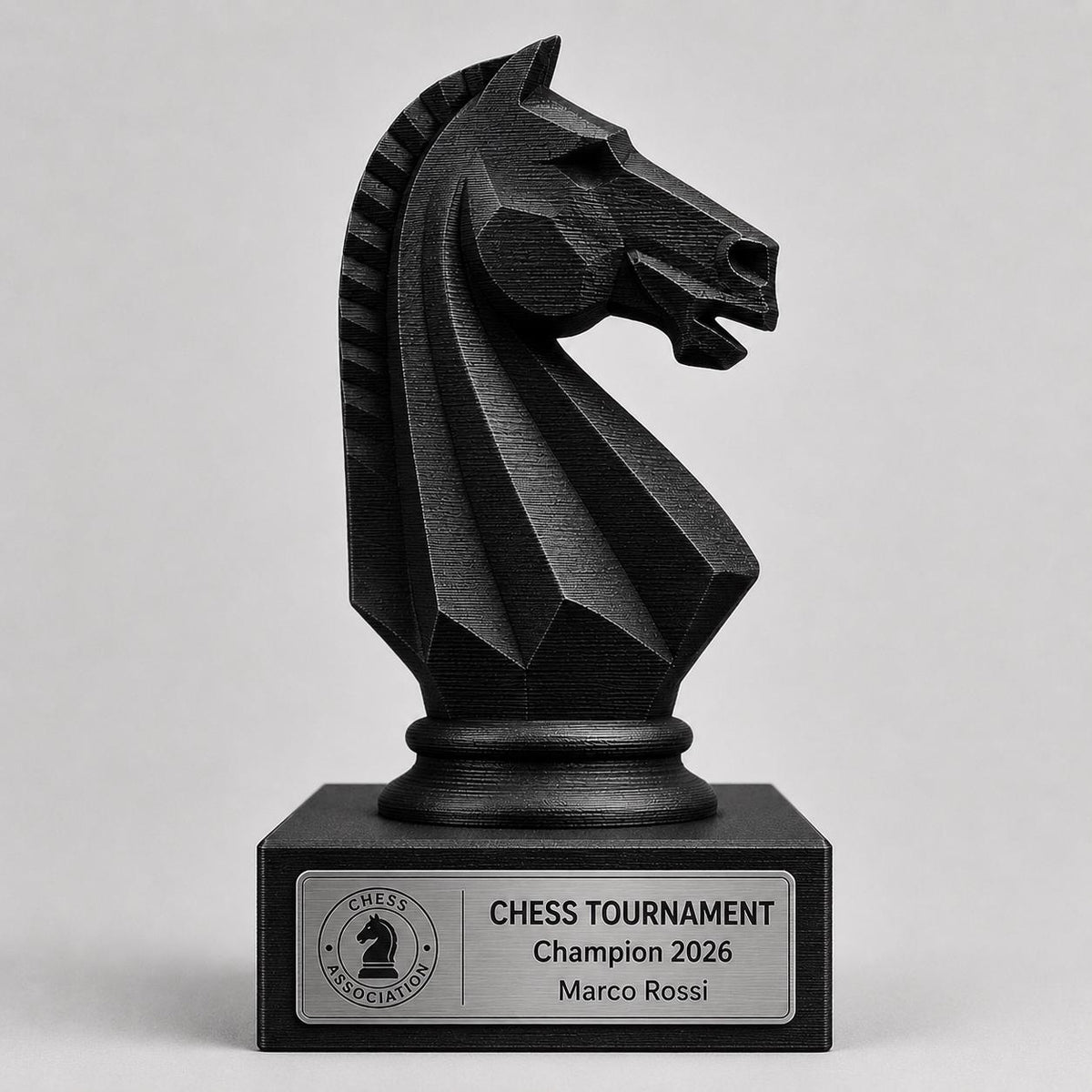 Trofeo scacchi personalizzato in stampa 3D, premio torneo di scacchi, cavallo scacchi PLA, targa Rowmark effetto acciaio, award campione