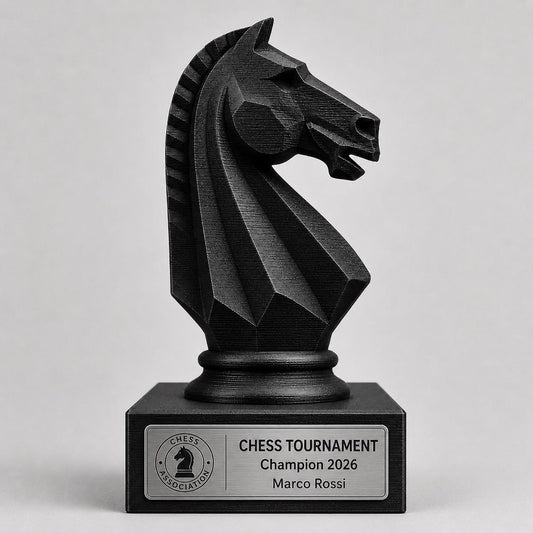 Trofeo scacchi personalizzato in stampa 3D, premio torneo di scacchi, cavallo scacchi PLA, targa Rowmark effetto acciaio, award campione