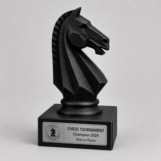 Trofeo scacchi personalizzato in stampa 3D, premio torneo di scacchi, cavallo scacchi PLA, targa Rowmark effetto acciaio, award campione