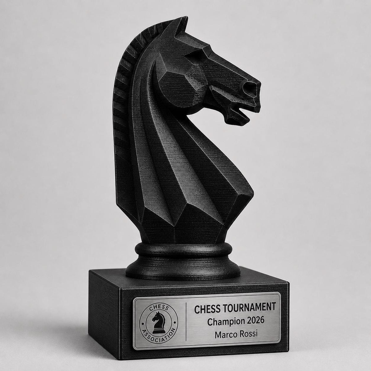 Trofeo scacchi personalizzato in stampa 3D, premio torneo di scacchi, cavallo scacchi PLA, targa Rowmark effetto acciaio, award campione