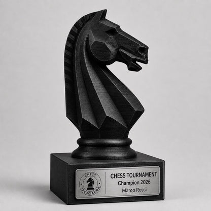 Trofeo scacchi personalizzato in stampa 3D, premio torneo di scacchi, cavallo scacchi PLA, targa Rowmark effetto acciaio, award campione