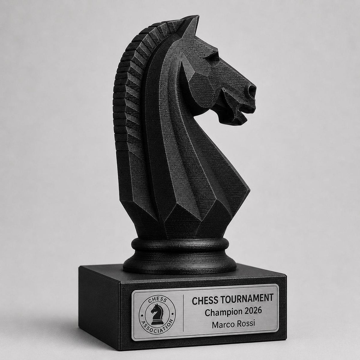 Trofeo scacchi personalizzato in stampa 3D, premio torneo di scacchi, cavallo scacchi PLA, targa Rowmark effetto acciaio, award campione
