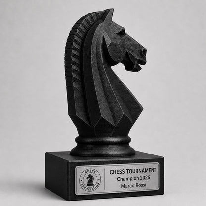 Trofeo scacchi personalizzato in stampa 3D, premio torneo di scacchi, cavallo scacchi PLA, targa Rowmark effetto acciaio, award campione