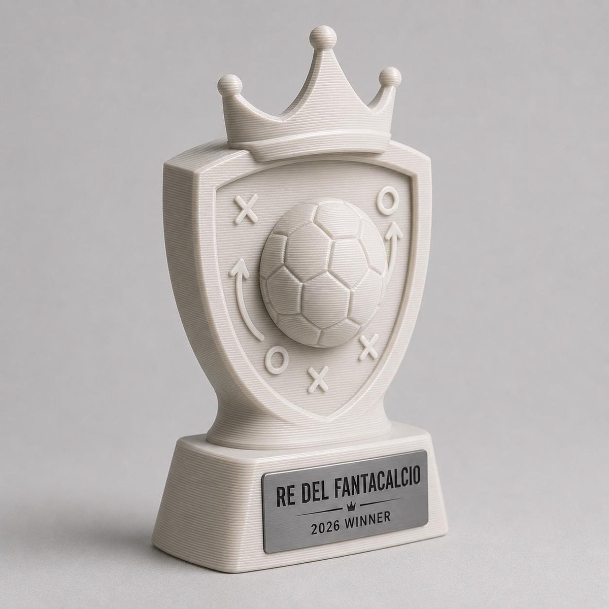 Trofeo Fantacalcio Personalizzato in PLA 3D – Re del Fantacalcio 2026 – Premio Vincitore Lega Fantasy Football con Targhetta Effetto Acciaio