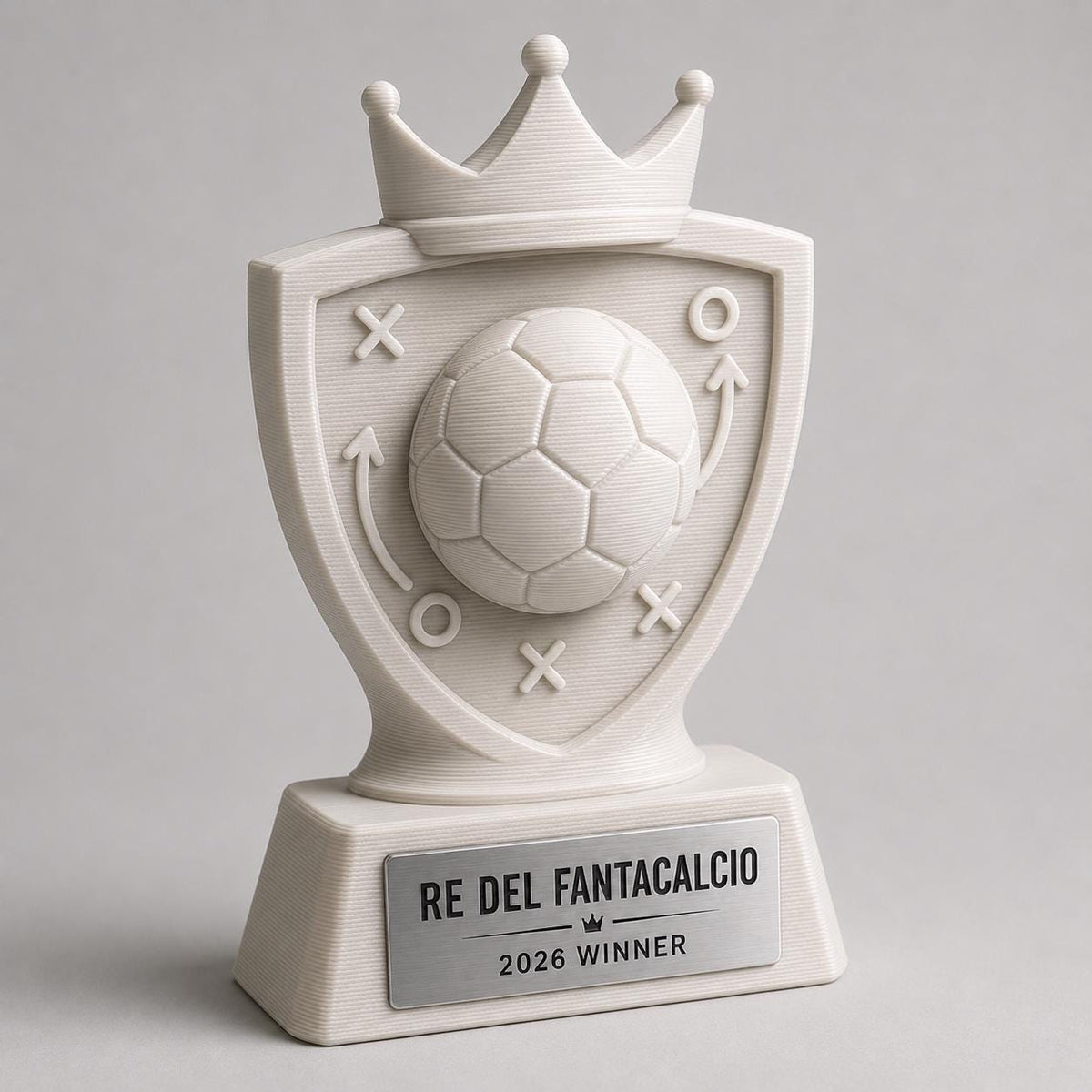Trofeo Fantacalcio Personalizzato in PLA 3D – Re del Fantacalcio 2026 – Premio Vincitore Lega Fantasy Football con Targhetta Effetto Acciaio