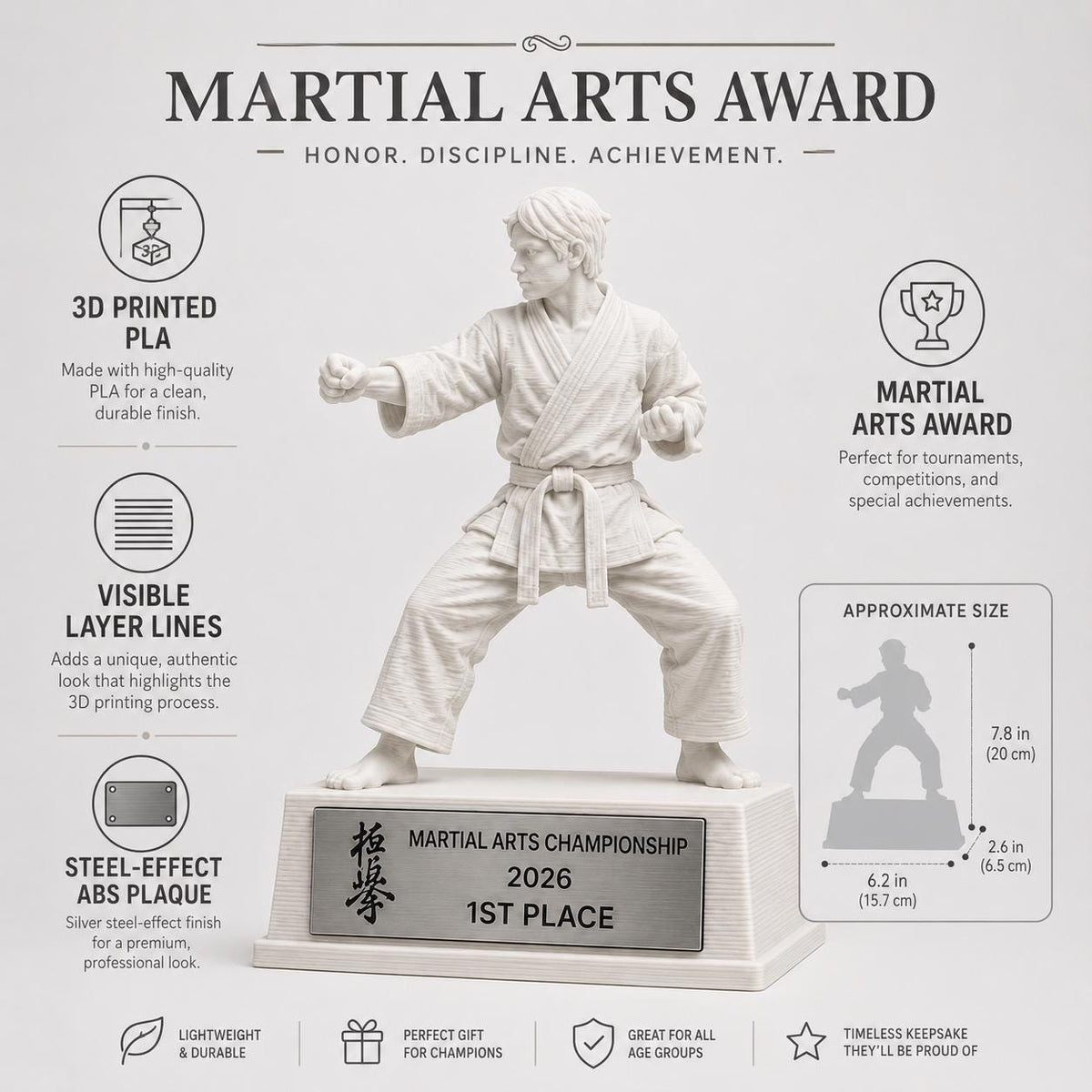 Trofeo arti marziali personalizzato in stampa 3D, premio karate judo taekwondo, martial arts award, targa ABS effetto acciaio, trofeo PLA