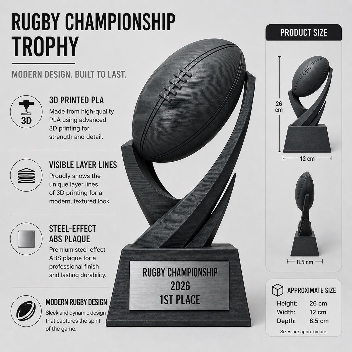 Trofeo rugby personalizzato in stampa 3D, premio rugby championship, trofeo palla da rugby, award sportivo PLA, targhetta ABS acciaio