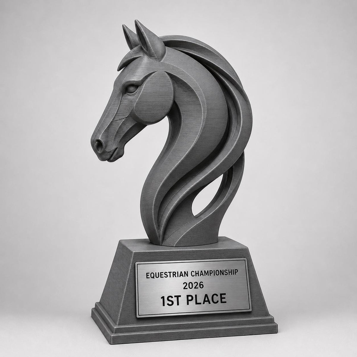 Trofeo equitazione personalizzato in stampa 3D, premio cavallo, equestrian trophy, award ippica, targa ABS effetto acciaio, trofeo pla