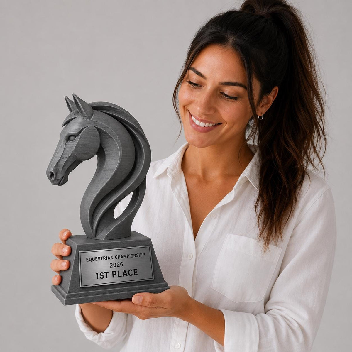Trofeo equitazione personalizzato in stampa 3D, premio cavallo, equestrian trophy, award ippica, targa ABS effetto acciaio, trofeo pla