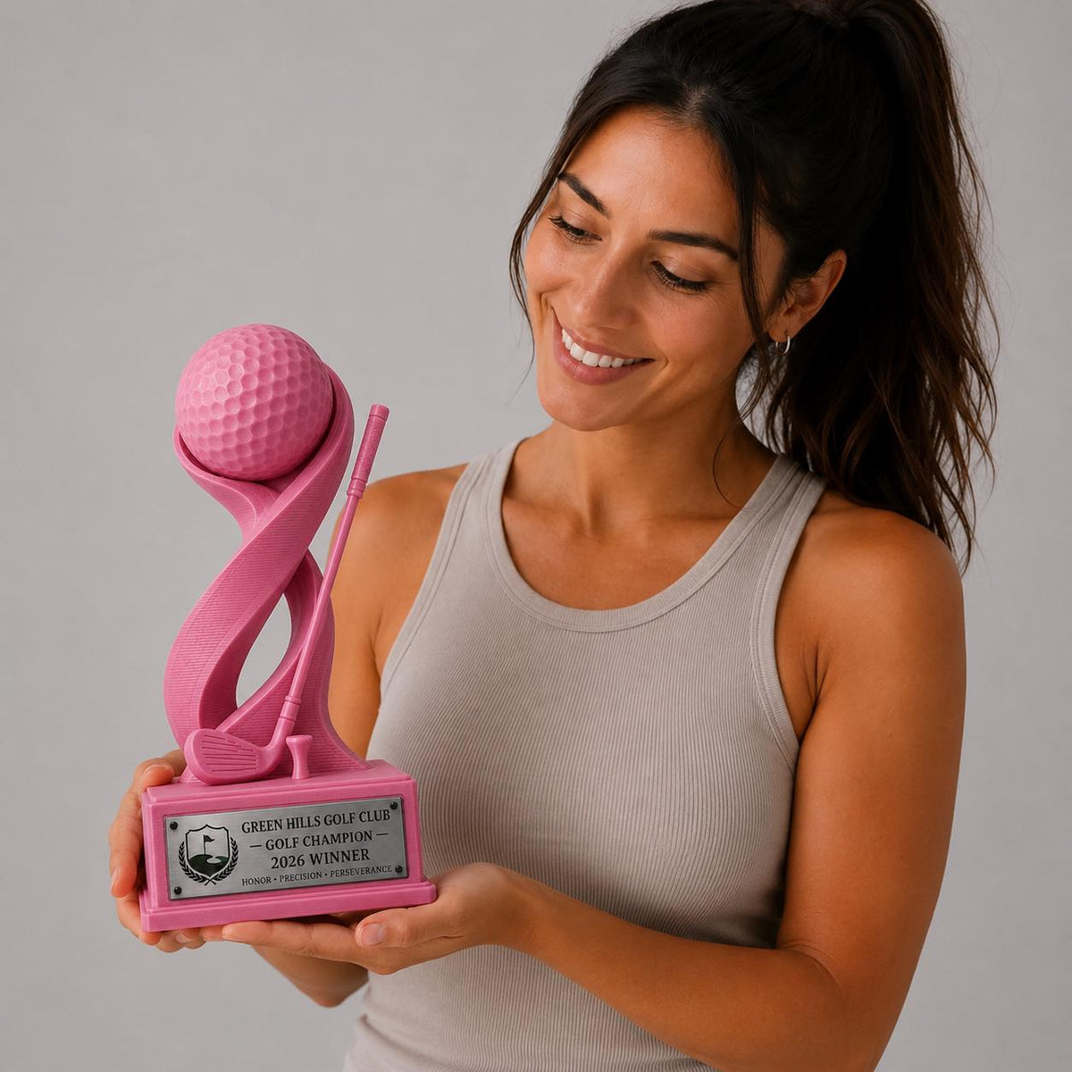 Trofeo Golf Personalizzato Stampa 3D Rosa | Premio Torneo Femminile Design Moderno | Regalo Golfista Placca Incisa Personalizzabile