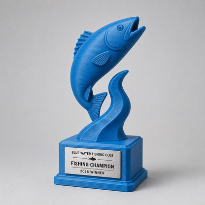 Trofeo Pesca Personalizzato Stampa 3D Blu | Premio Gara Pesca Sportiva Design Moderno | Regalo Pescatore Placca Incisa Personalizzabile