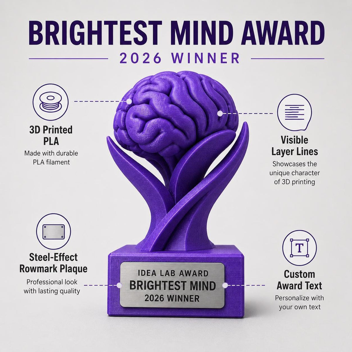 Trofeo Cervello Personalizzato in PLA 3D – Brightest Mind Award 2026 – Premio Migliore Idea con Targhetta Effetto Acciaio