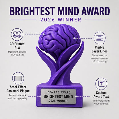 Trofeo Cervello Personalizzato in PLA 3D – Brightest Mind Award 2026 – Premio Migliore Idea con Targhetta Effetto Acciaio