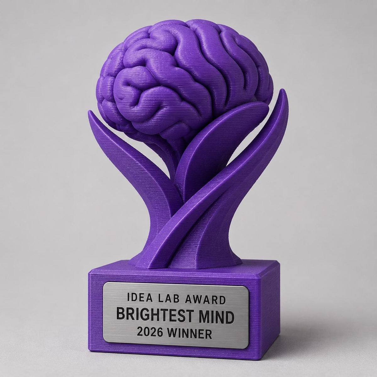 Trofeo Cervello Personalizzato in PLA 3D – Brightest Mind Award 2026 – Premio Migliore Idea con Targhetta Effetto Acciaio
