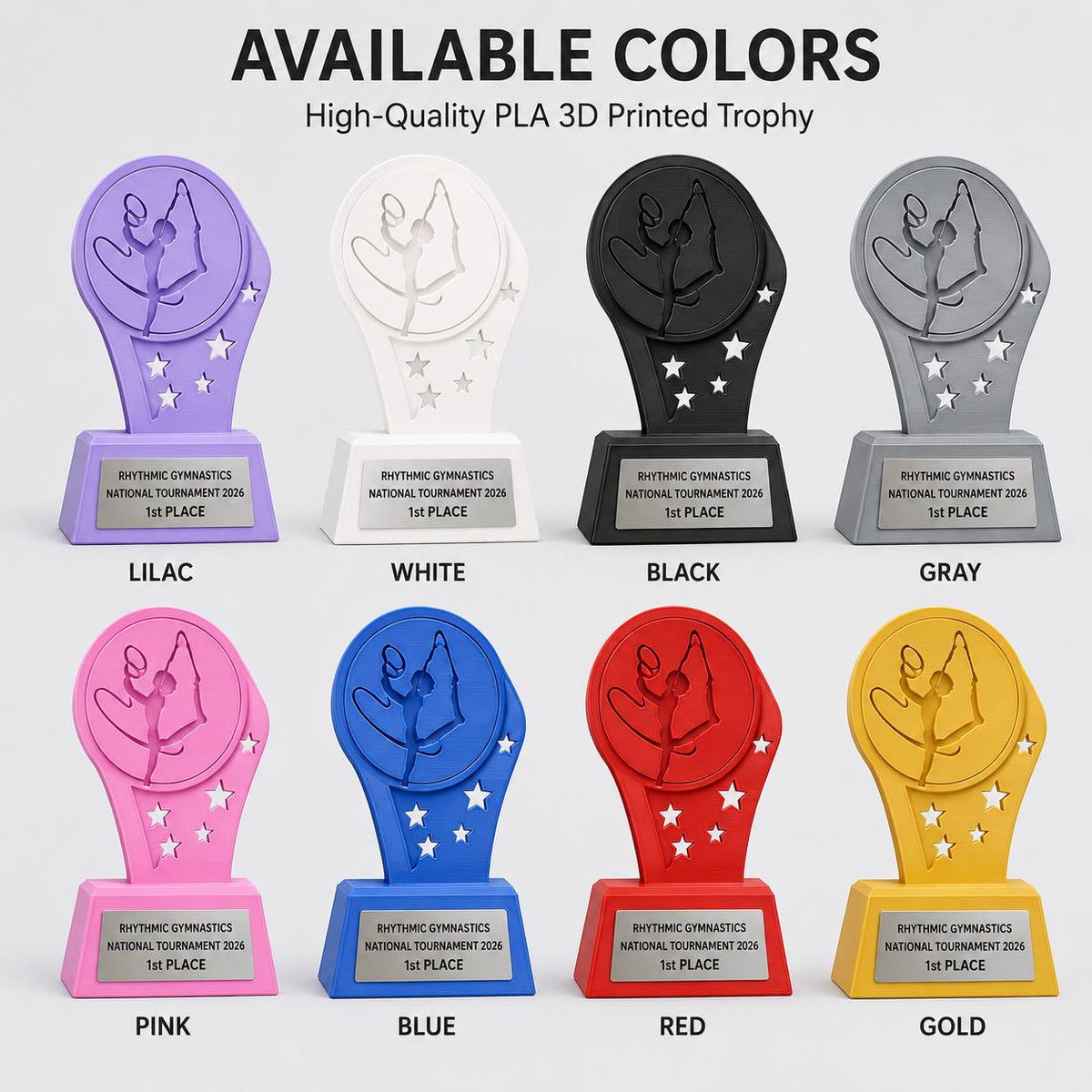 Trofeo Ginnastica Ritmica Personalizzato Stampa 3D Lilla | Premio Gara Ginnasta Design Stelle | Regalo Bambina Placca Incisa