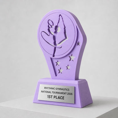Trofeo Ginnastica Ritmica Personalizzato Stampa 3D Lilla | Premio Gara Ginnasta Design Stelle | Regalo Bambina Placca Incisa